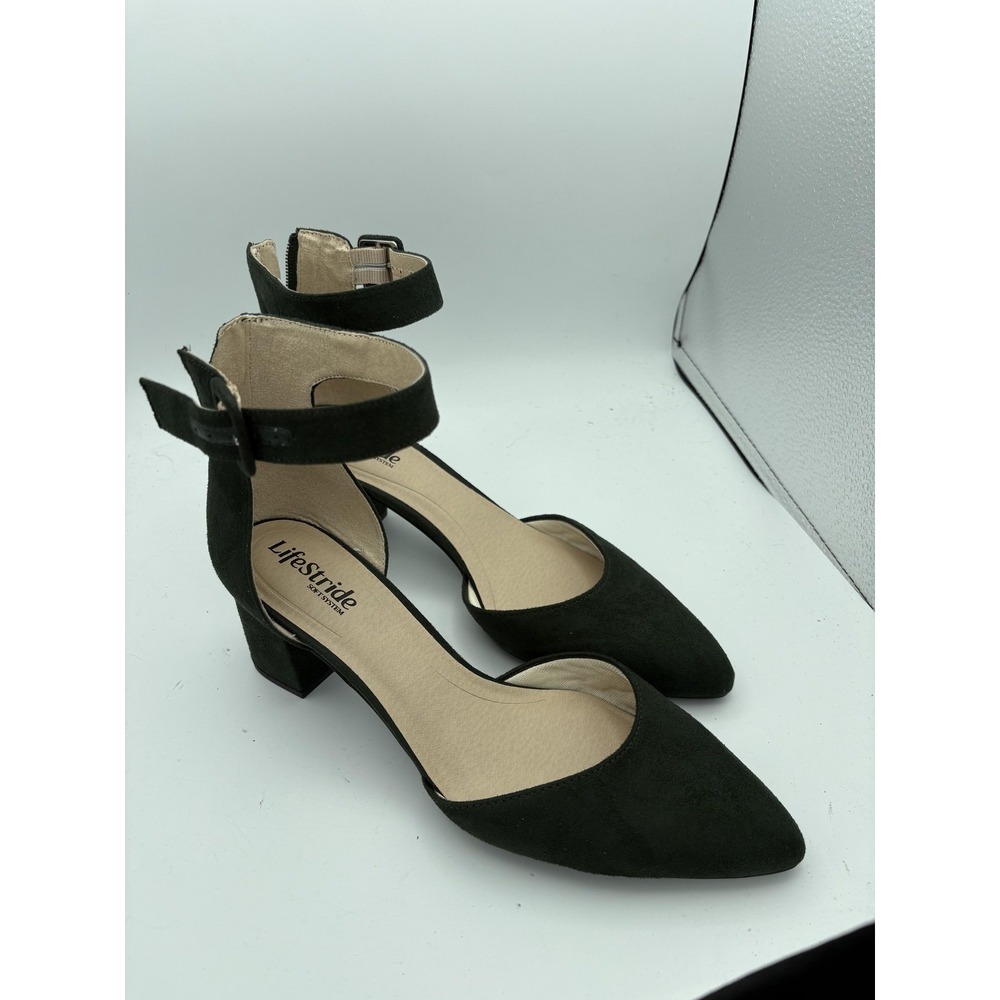 LifeStride Admire Shoes Womens Size 9.5 Green Suede Ankle Strap Block Heel Pumps